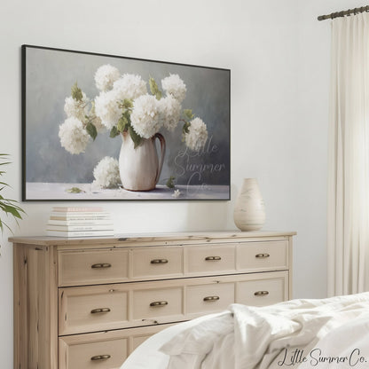 White Hydrangeas Frame TV Art displayed on a TV
