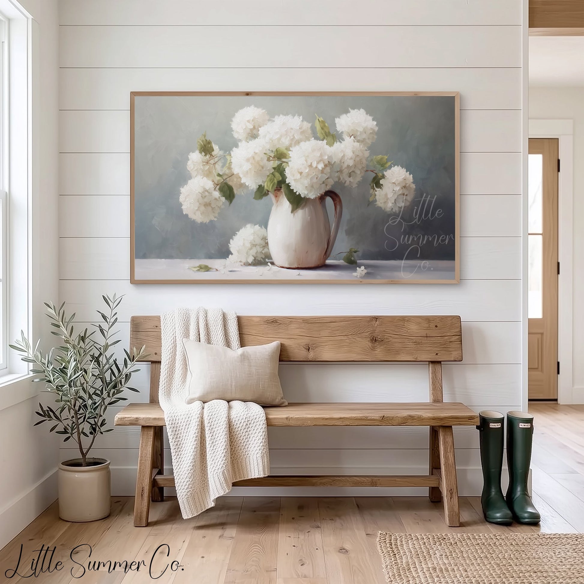 White Hydrangeas Frame TV Art displayed on a TV