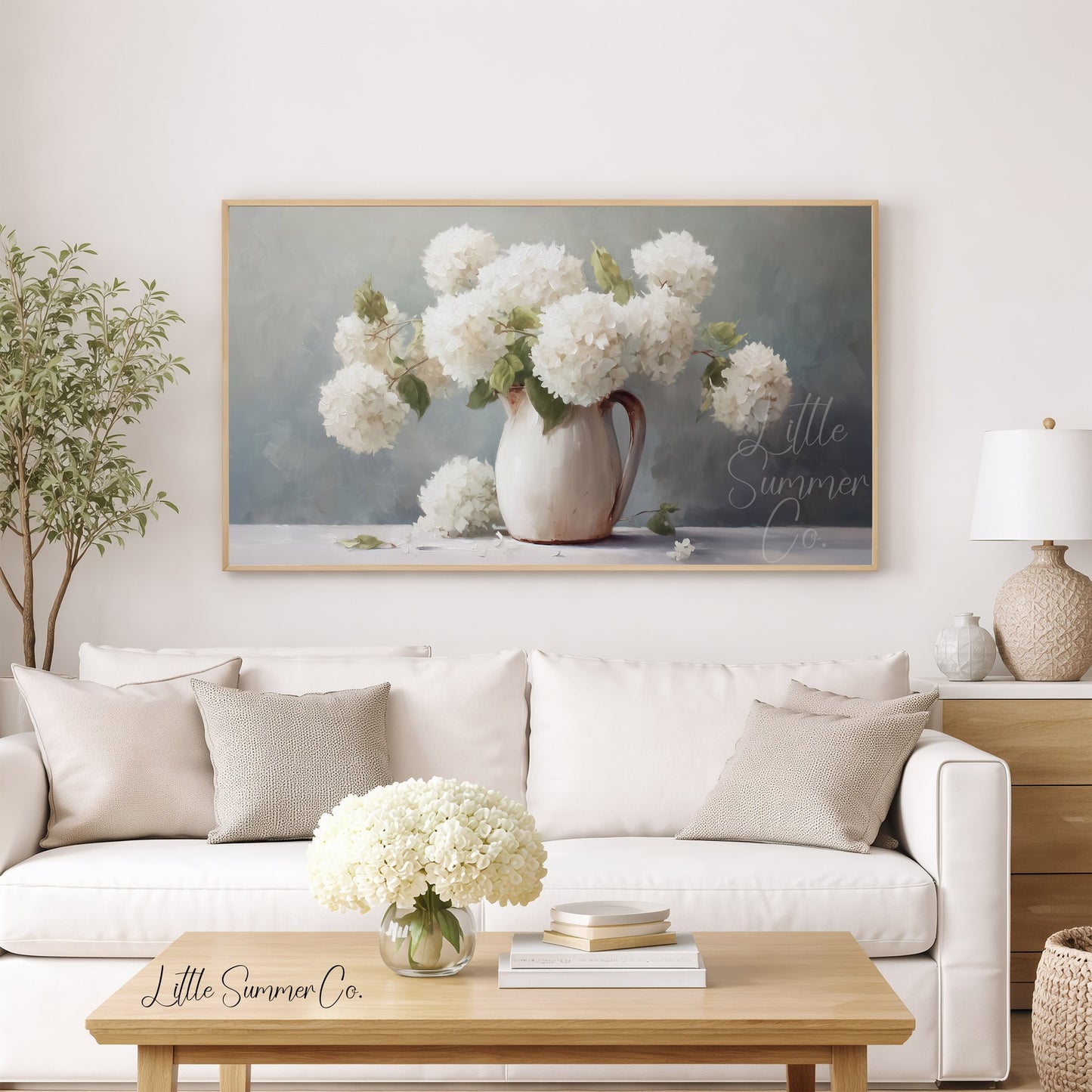 White Hydrangeas Frame TV Art displayed on a TV