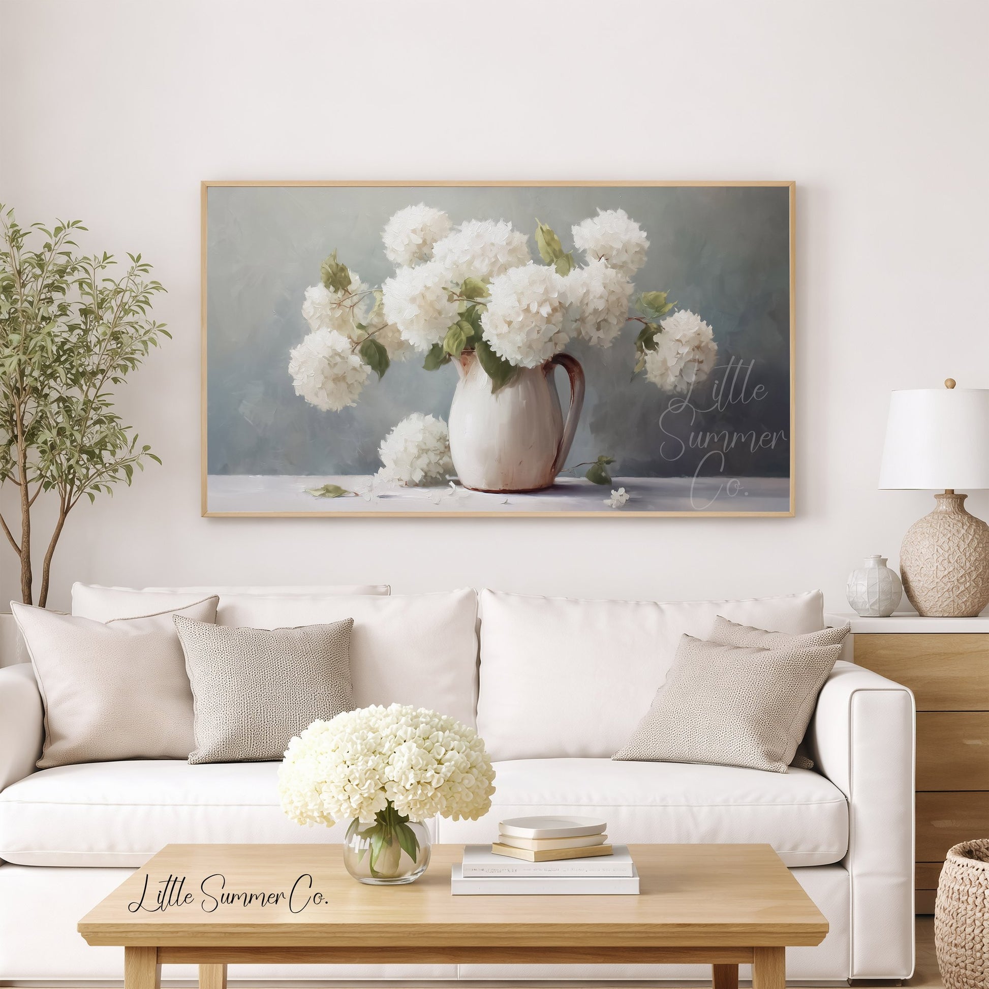 White Hydrangeas Frame TV Art displayed on a TV