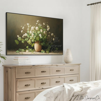 White Clover Bouquet in Vase Frame TV Art displayed on a TV