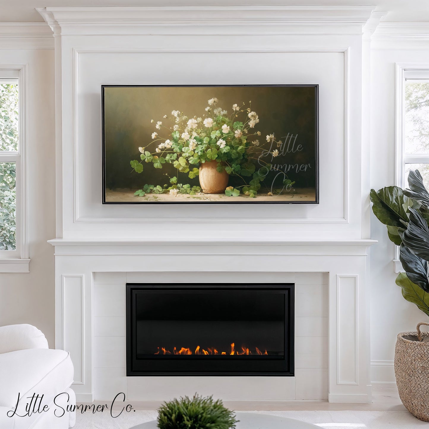 White Clover Bouquet in Vase Frame TV Art displayed on a TV