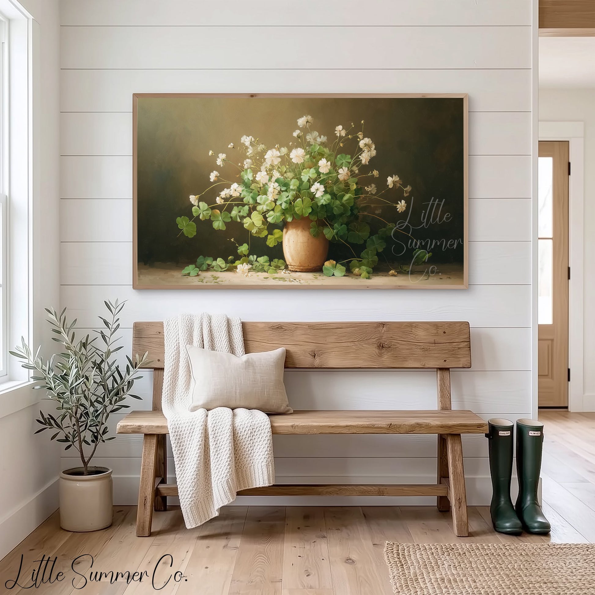 White Clover Bouquet in Vase Frame TV Art displayed on a TV