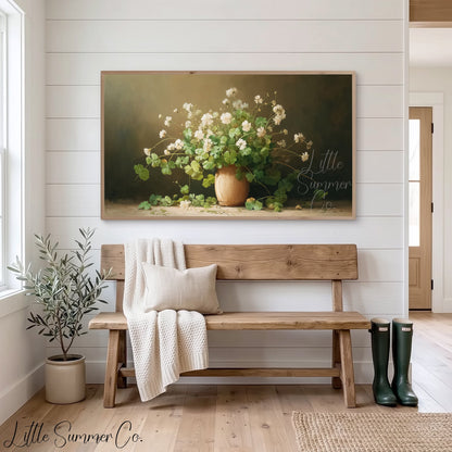 White Clover Bouquet in Vase Frame TV Art displayed on a TV