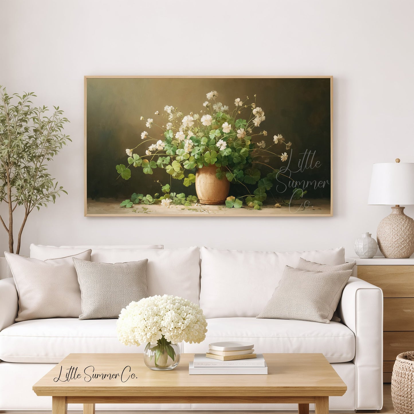 White Clover Bouquet in Vase Frame TV Art displayed on a TV
