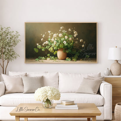White Clover Bouquet in Vase Frame TV Art displayed on a TV