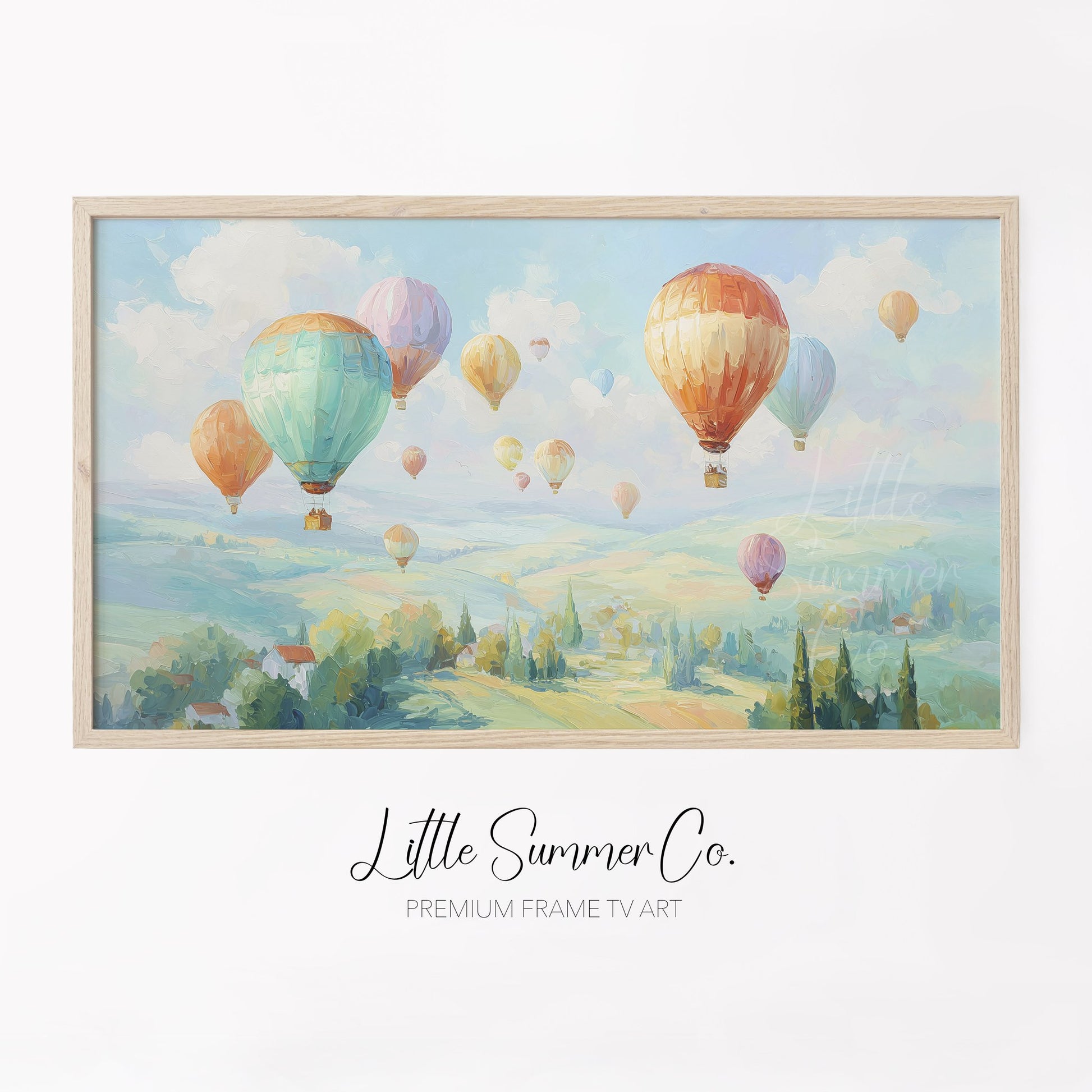 Hot Air Balloons Over Hills Frame TV Art displayed on a TV