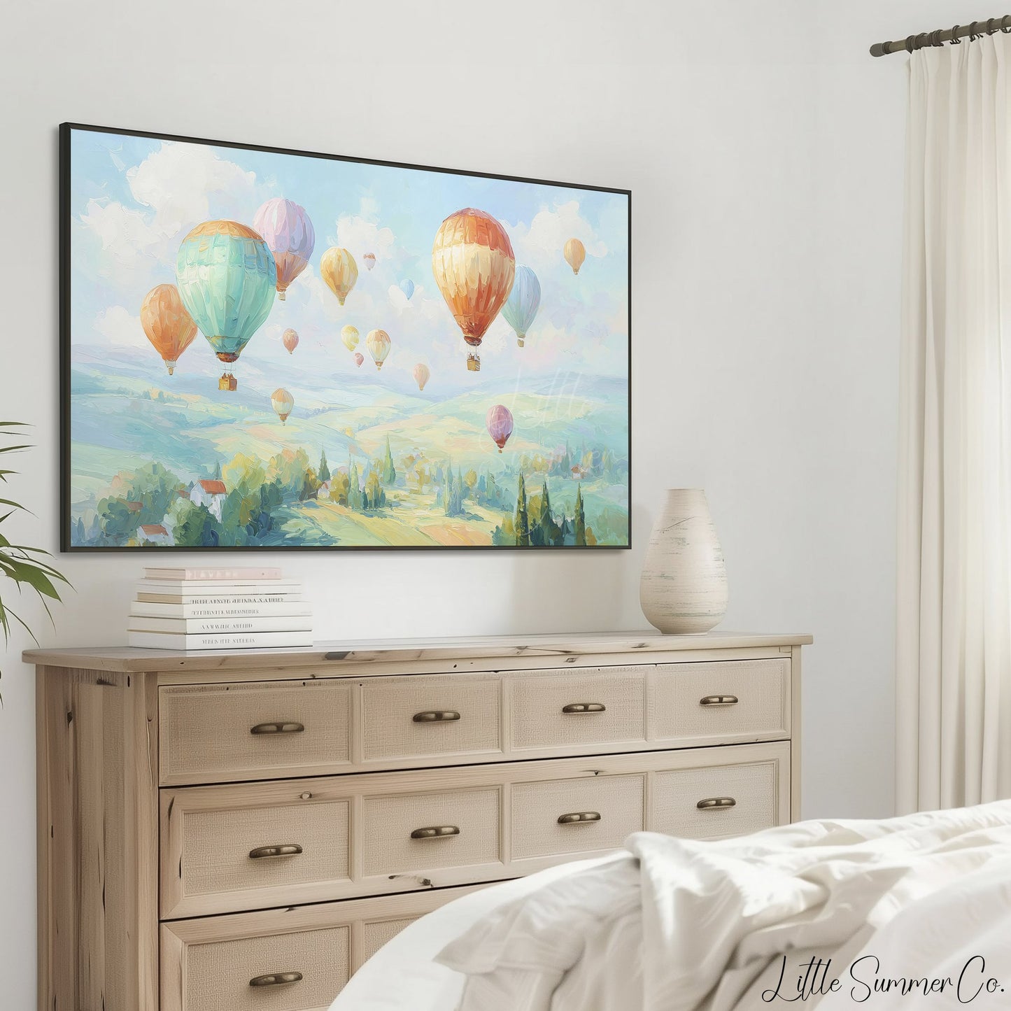 Hot Air Balloons Over Hills Frame TV Art displayed on a TV
