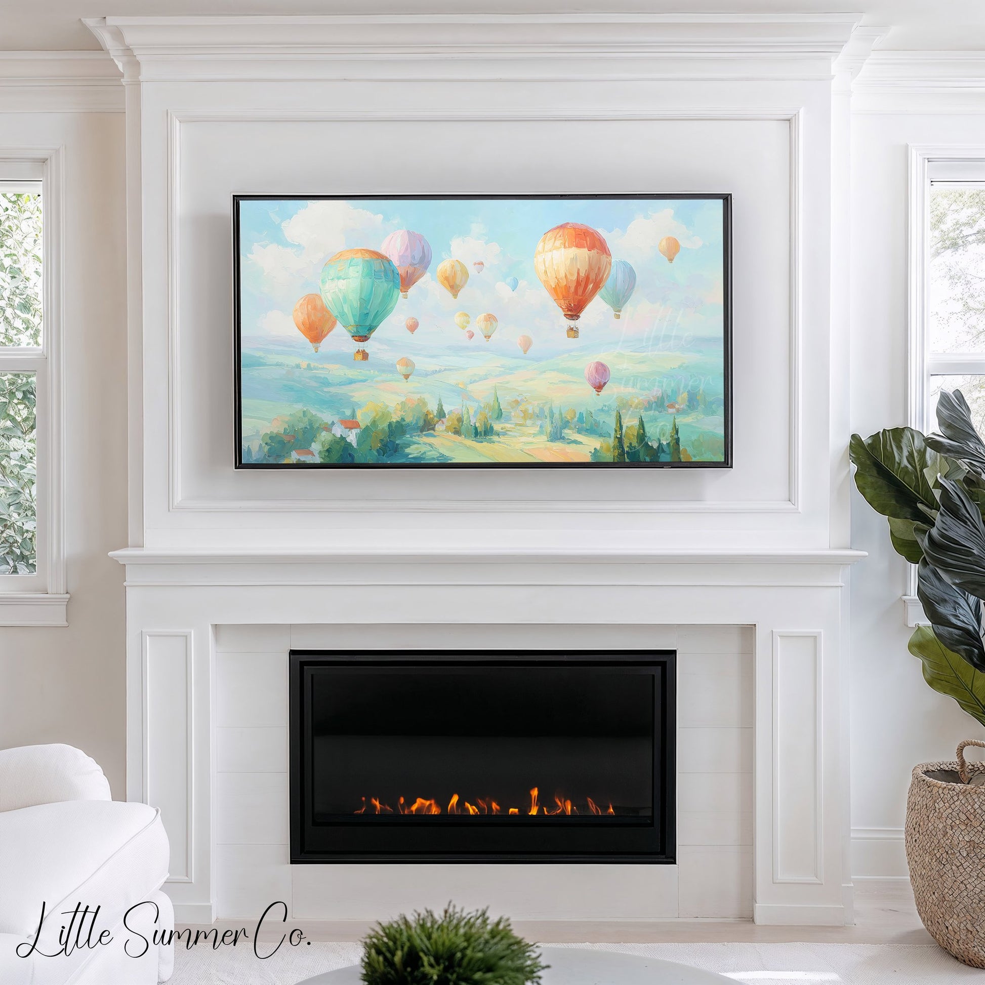 Hot Air Balloons Over Hills Frame TV Art displayed on a TV