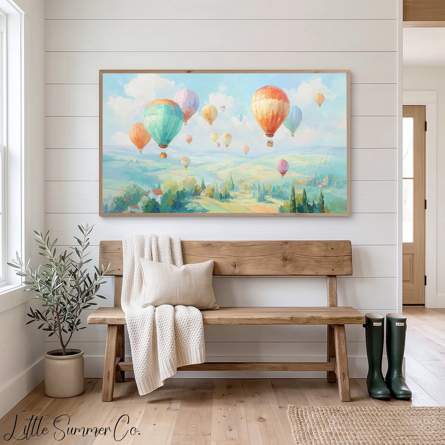Hot Air Balloons Over Hills Frame TV Art displayed on a TV