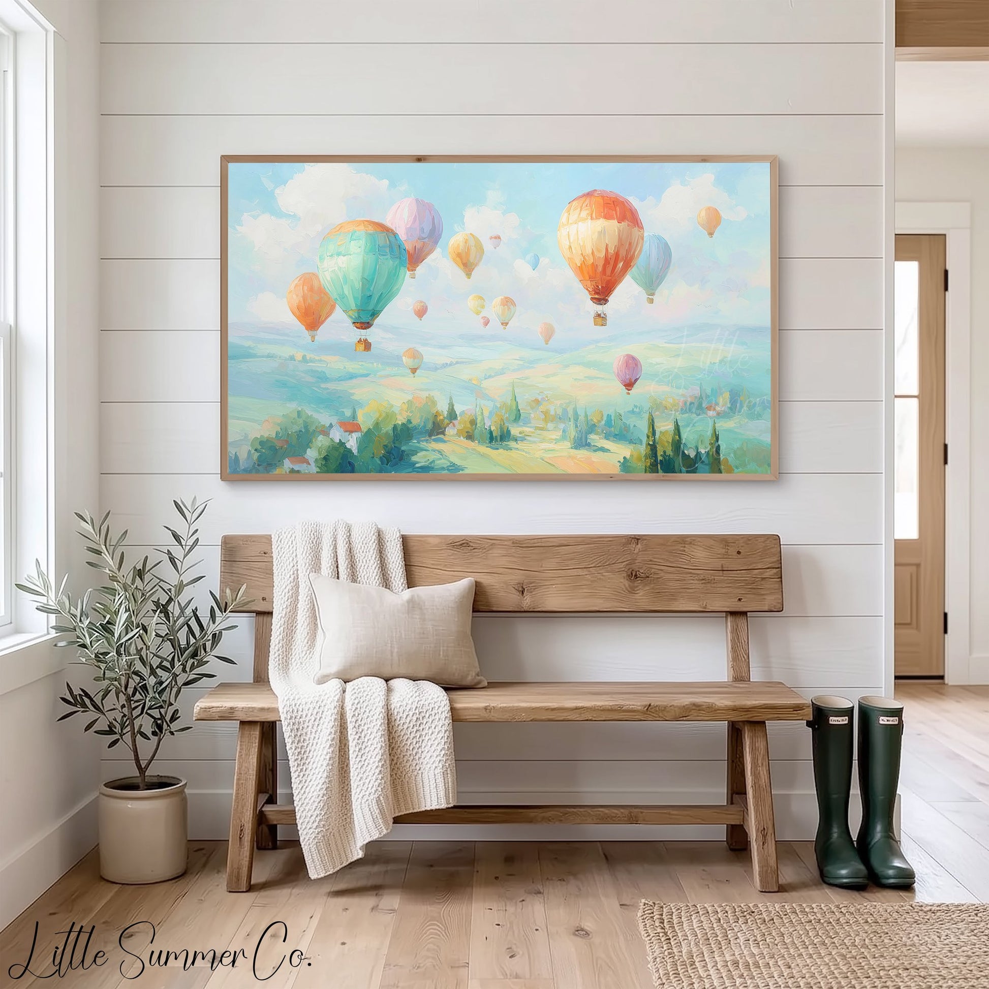 Hot Air Balloons Over Hills Frame TV Art displayed on a TV