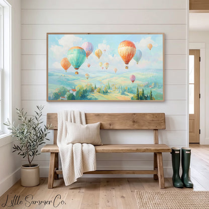 Hot Air Balloons Over Hills Frame TV Art displayed on a TV