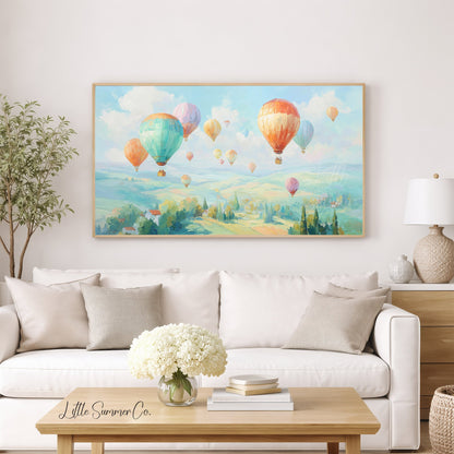 Hot Air Balloons Over Hills Frame TV Art displayed on a TV