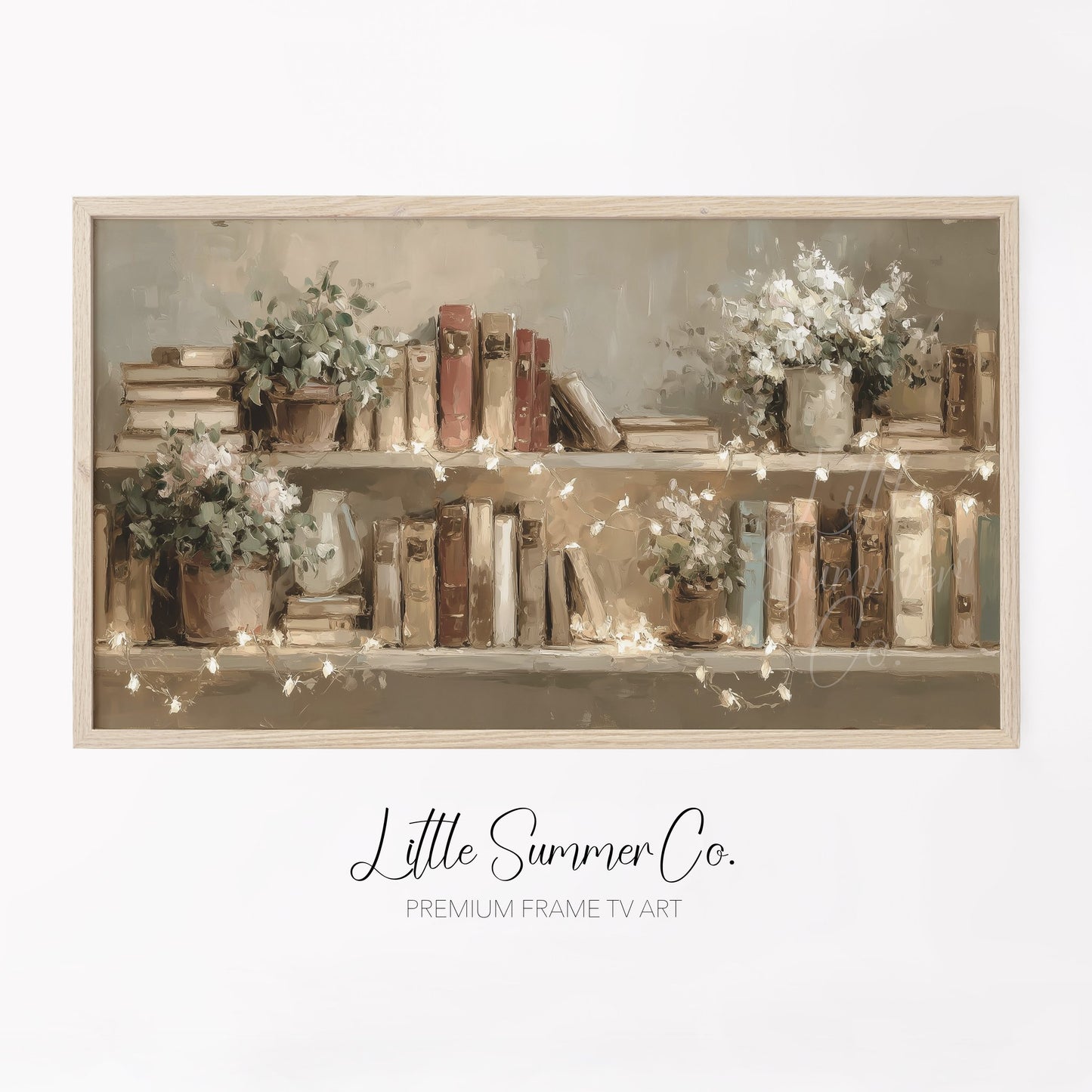 Books and Flowers with Fairy Lights Frame TV Art displayed on a TV