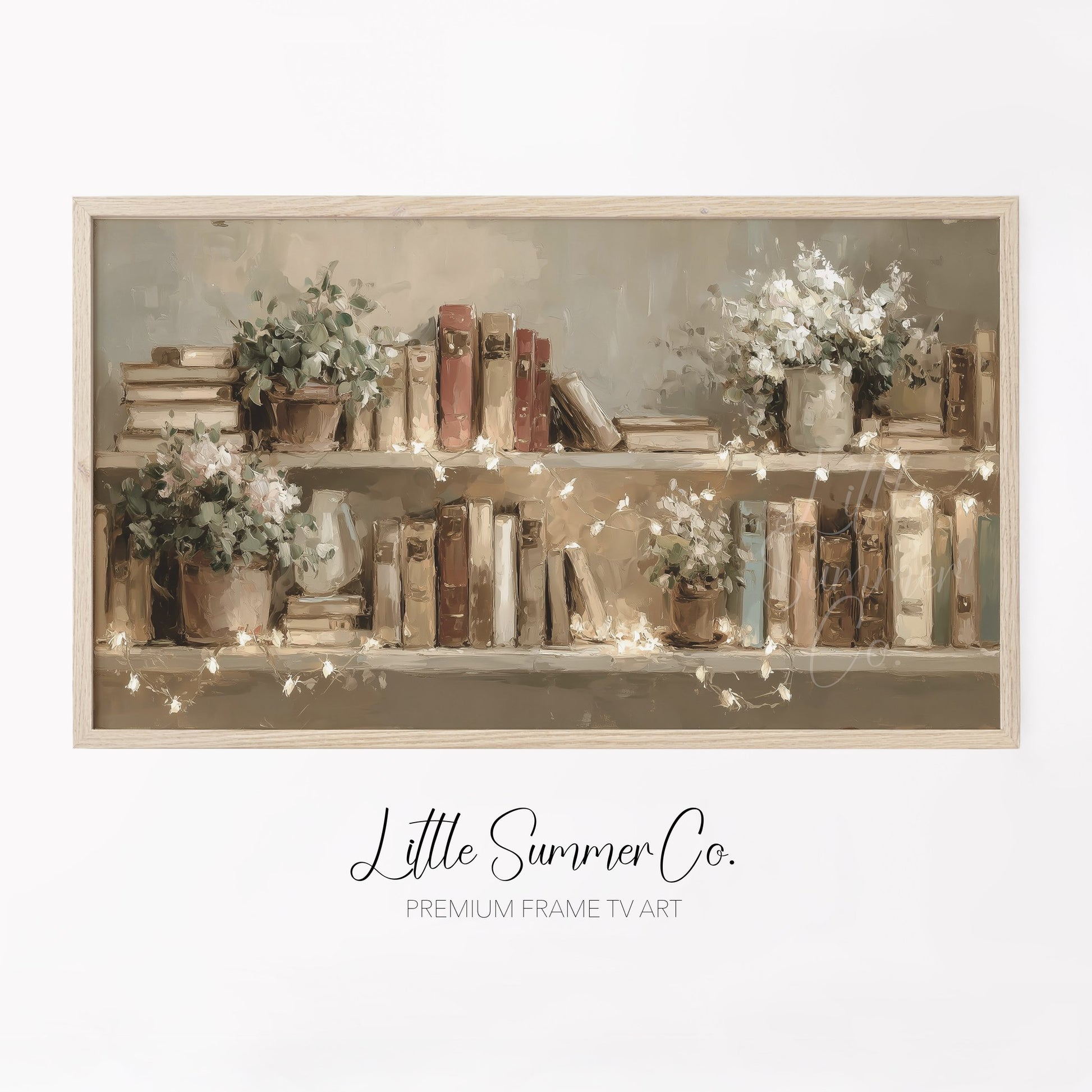 Books and Flowers with Fairy Lights Frame TV Art displayed on a TV