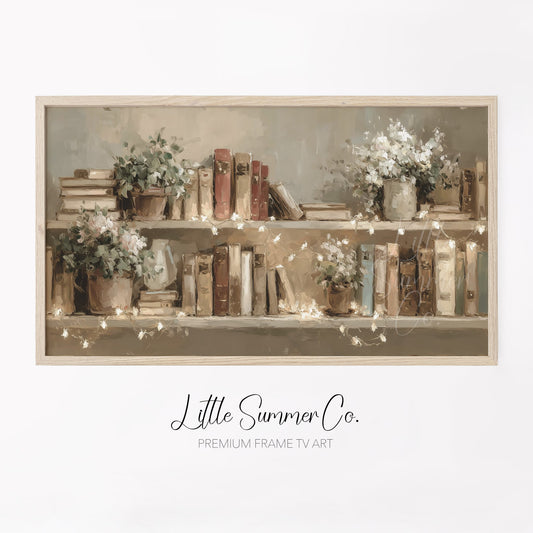 Books and Flowers with Fairy Lights Frame TV Art displayed on a TV