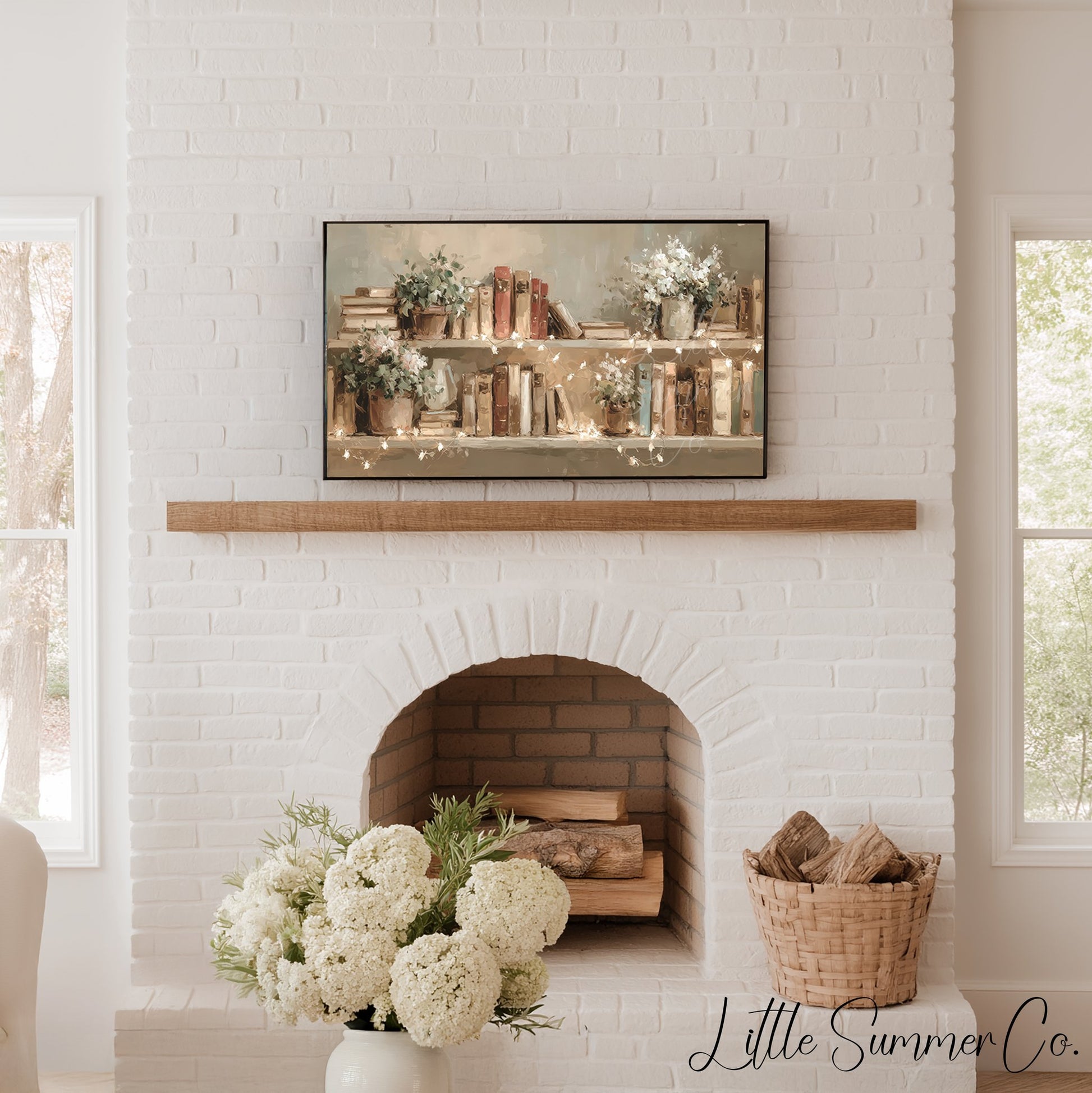 Books and Flowers with Fairy Lights Frame TV Art displayed on a TV