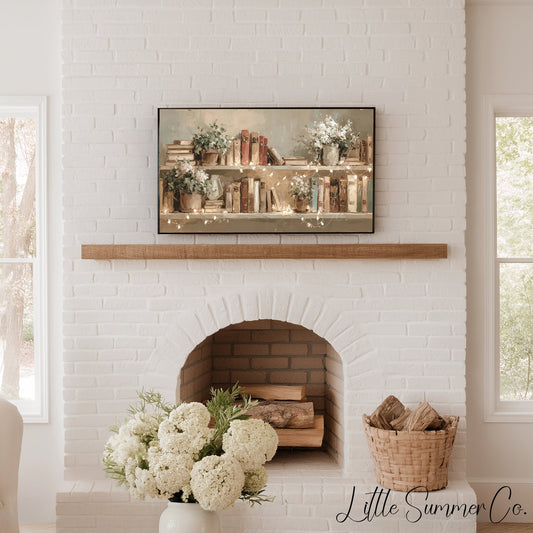 Books and Flowers with Fairy Lights Frame TV Art displayed on a TV
