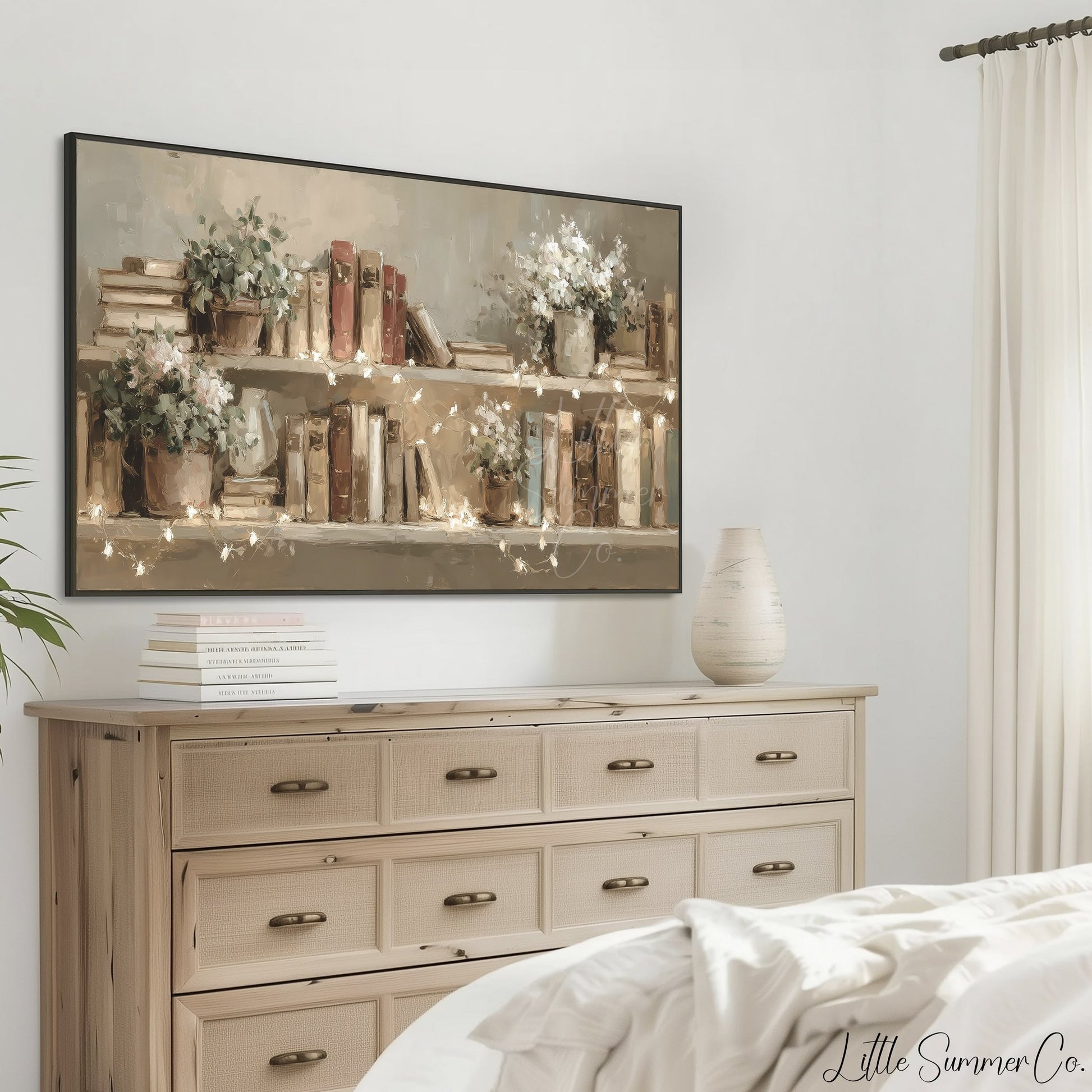 Books and Flowers with Fairy Lights Frame TV Art displayed on a TV
