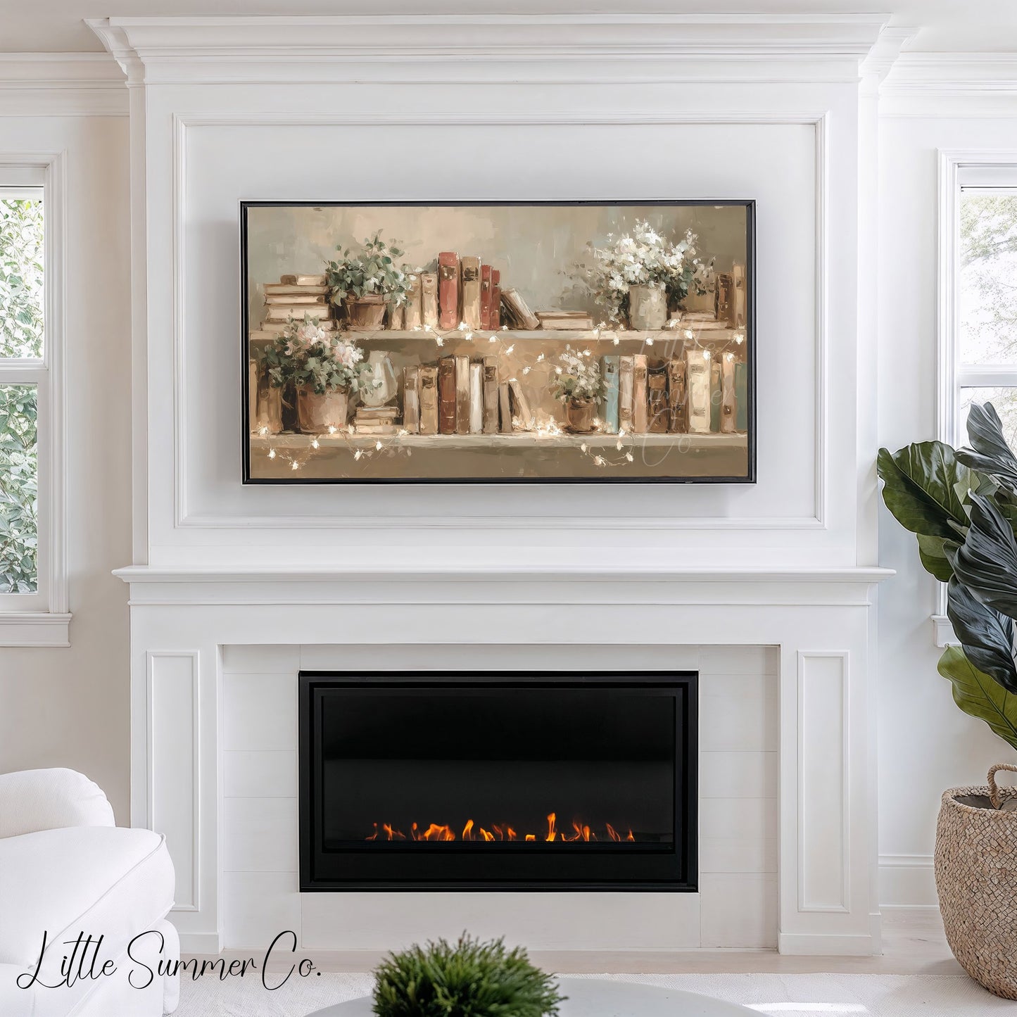 Books and Flowers with Fairy Lights Frame TV Art displayed on a TV
