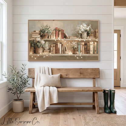 Books and Flowers with Fairy Lights Frame TV Art displayed on a TV