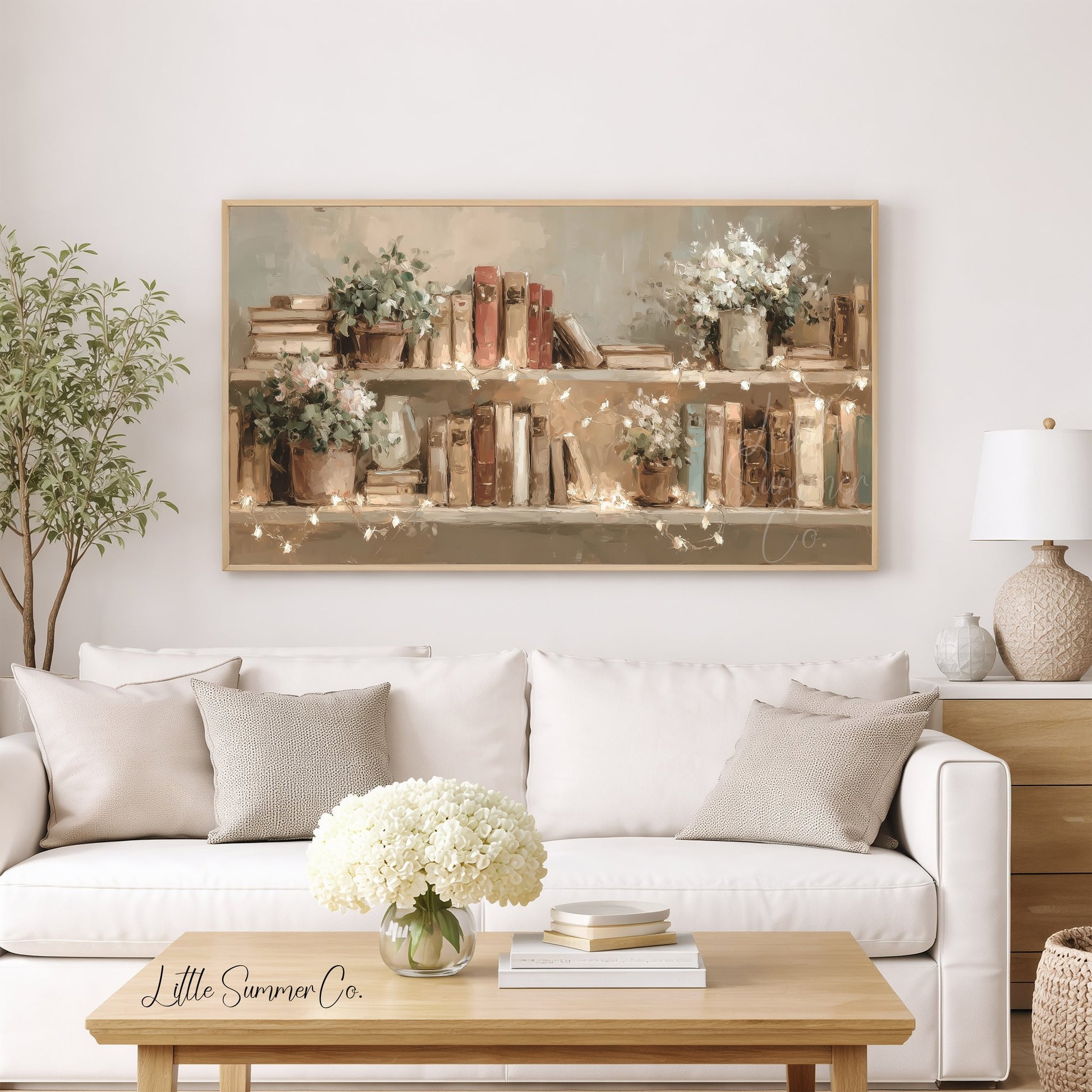 Books and Flowers with Fairy Lights Frame TV Art displayed on a TV