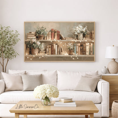 Books and Flowers with Fairy Lights Frame TV Art displayed on a TV