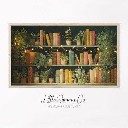 Bookshelf with Plants and Fairy Lights Frame TV Art displayed on a TV