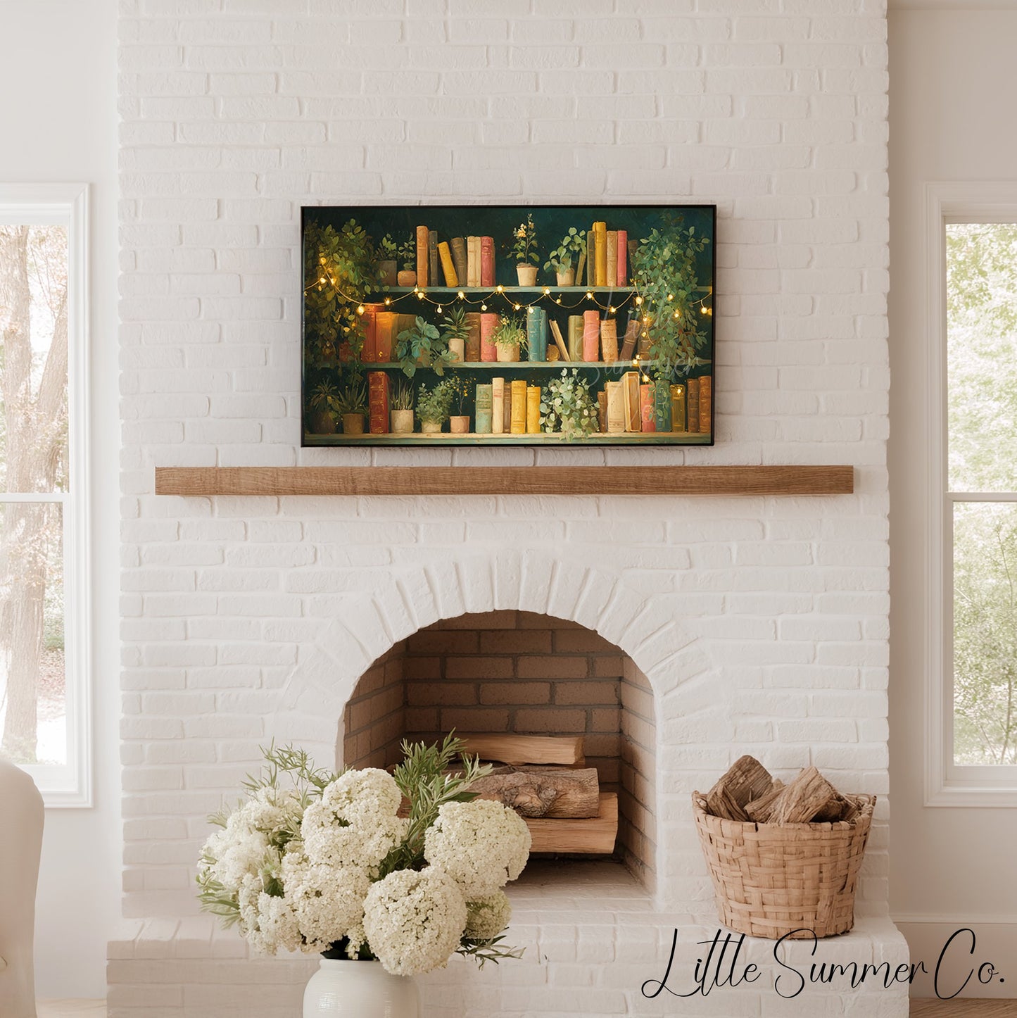 Bookshelf with Plants and Fairy Lights Frame TV Art displayed on a TV