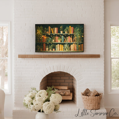 Bookshelf with Plants and Fairy Lights Frame TV Art displayed on a TV