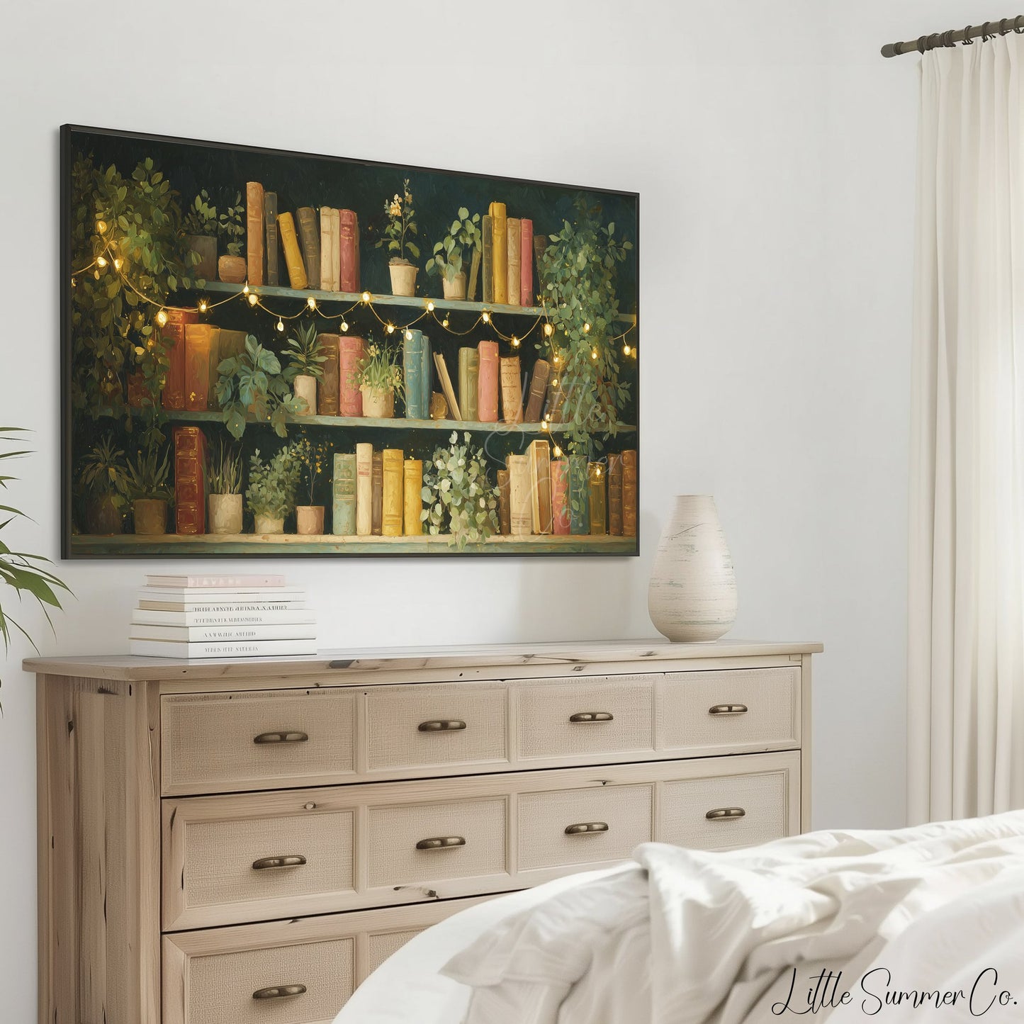 Bookshelf with Plants and Fairy Lights Frame TV Art displayed on a TV