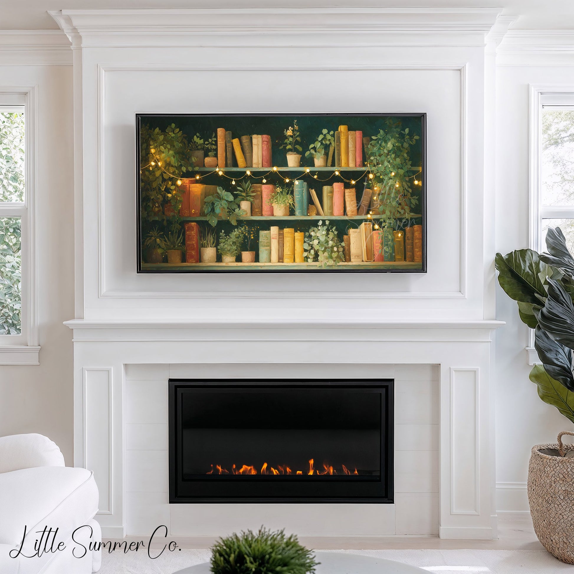 Bookshelf with Plants and Fairy Lights Frame TV Art displayed on a TV