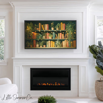 Bookshelf with Plants and Fairy Lights Frame TV Art displayed on a TV