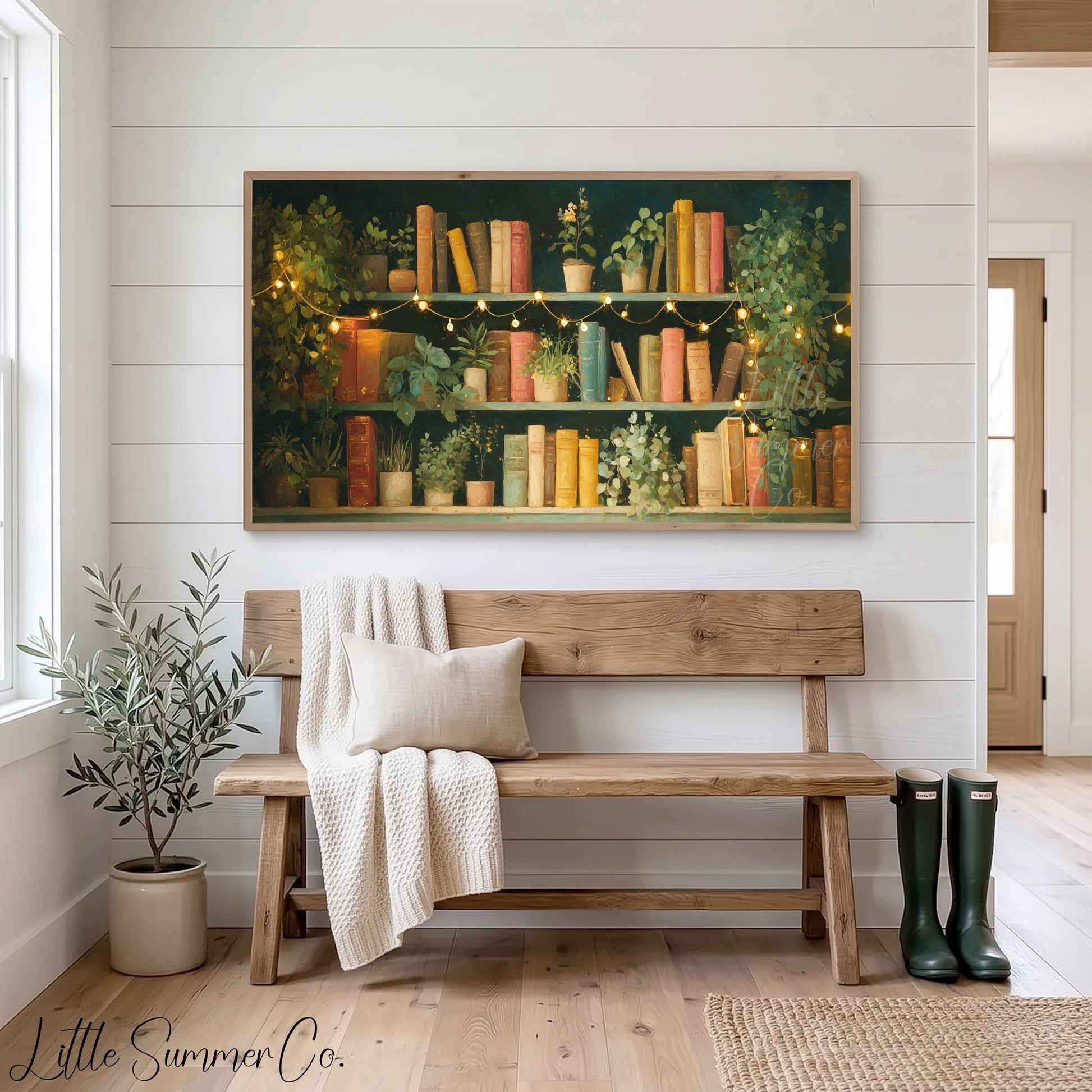 Bookshelf with Plants and Fairy Lights Frame TV Art displayed on a TV