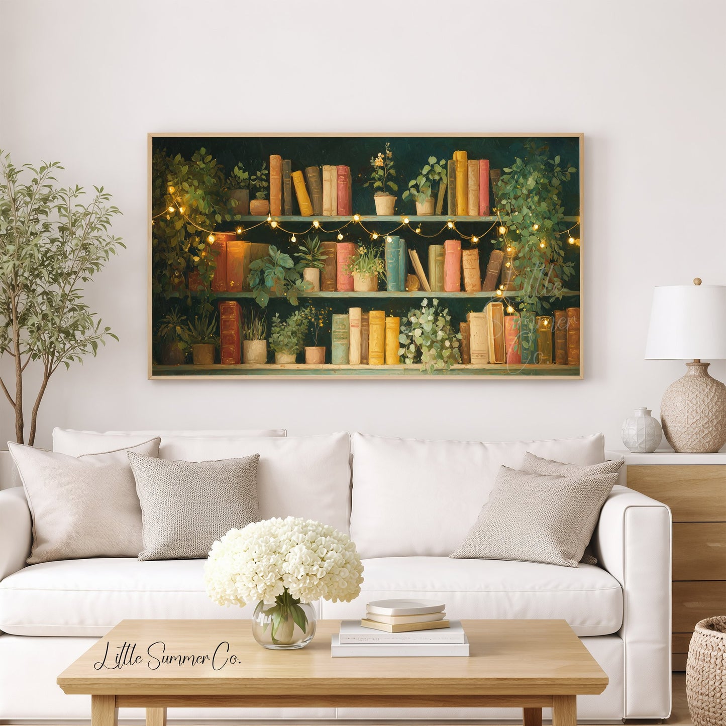 Bookshelf with Plants and Fairy Lights Frame TV Art displayed on a TV