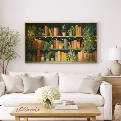 Bookshelf with Plants and Fairy Lights Frame TV Art displayed on a TV