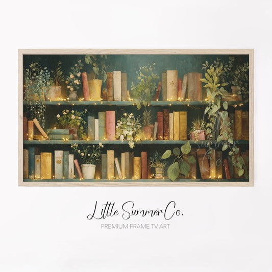 Books and Plants with Fairy Lights Frame TV Art displayed on a TV