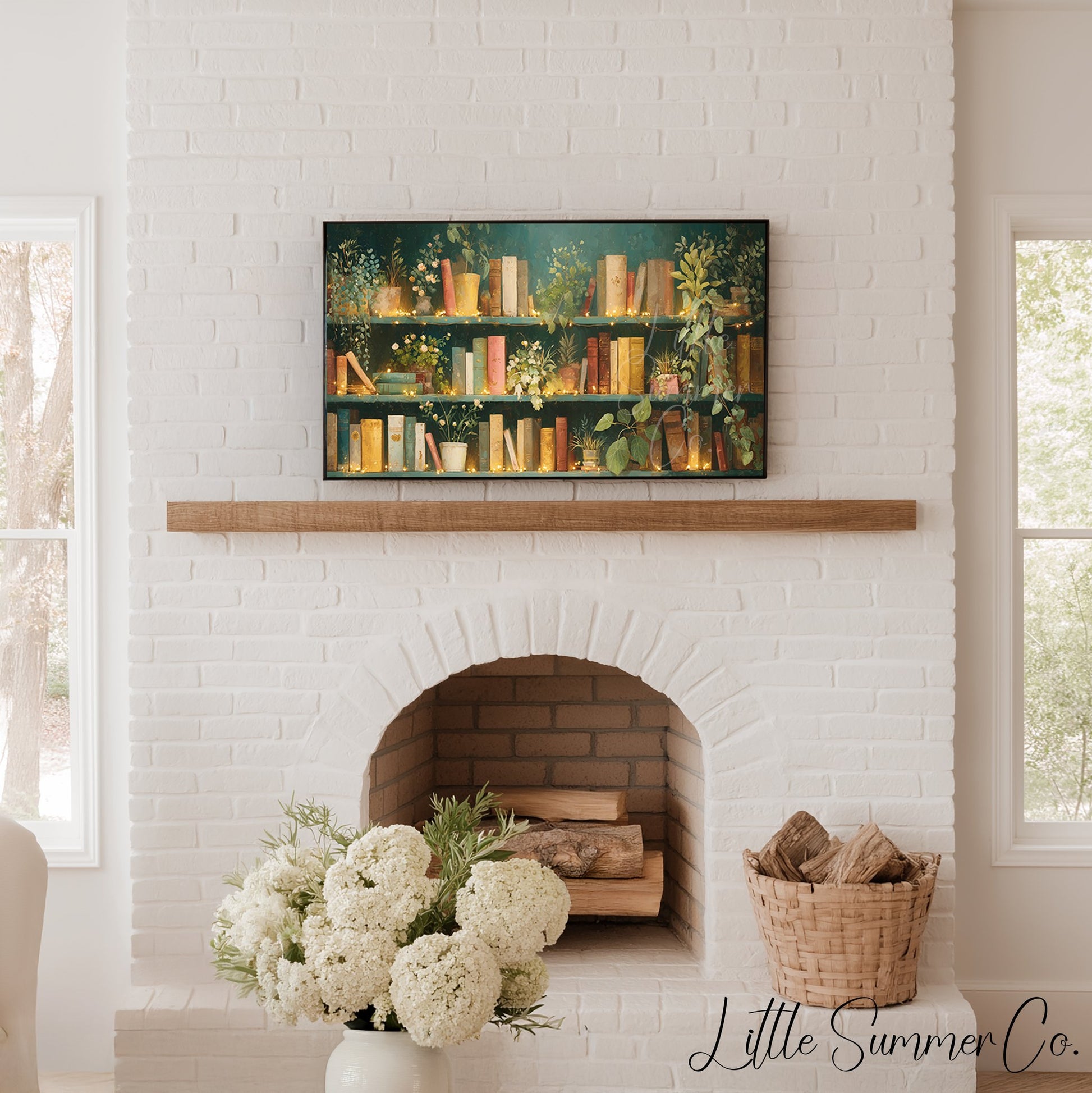 Books and Plants with Fairy Lights Frame TV Art displayed on a TV