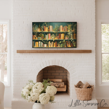 Books and Plants with Fairy Lights Frame TV Art displayed on a TV