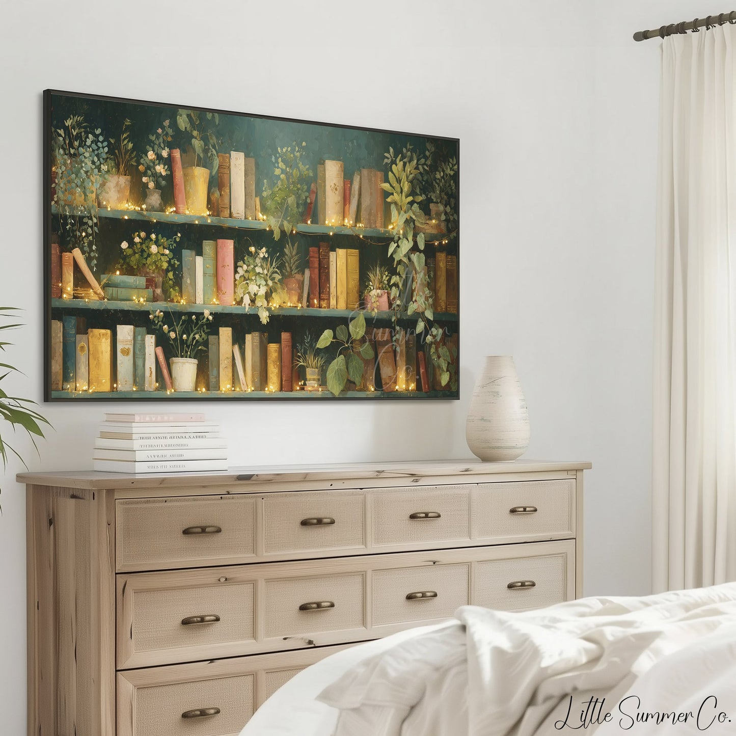 Books and Plants with Fairy Lights Frame TV Art displayed on a TV