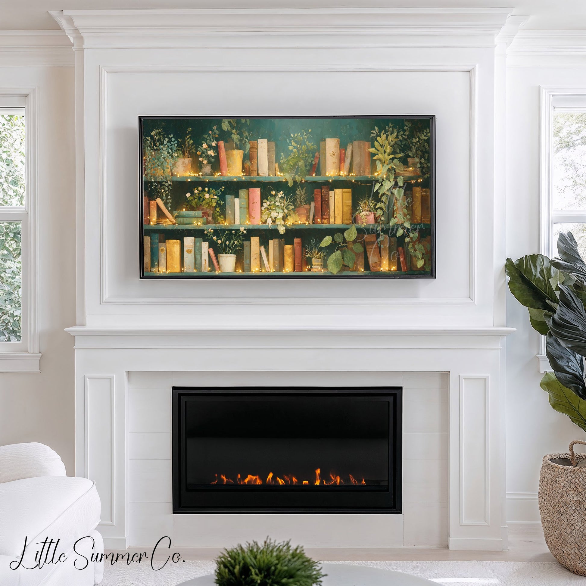 Books and Plants with Fairy Lights Frame TV Art displayed on a TV