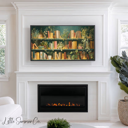 Books and Plants with Fairy Lights Frame TV Art displayed on a TV
