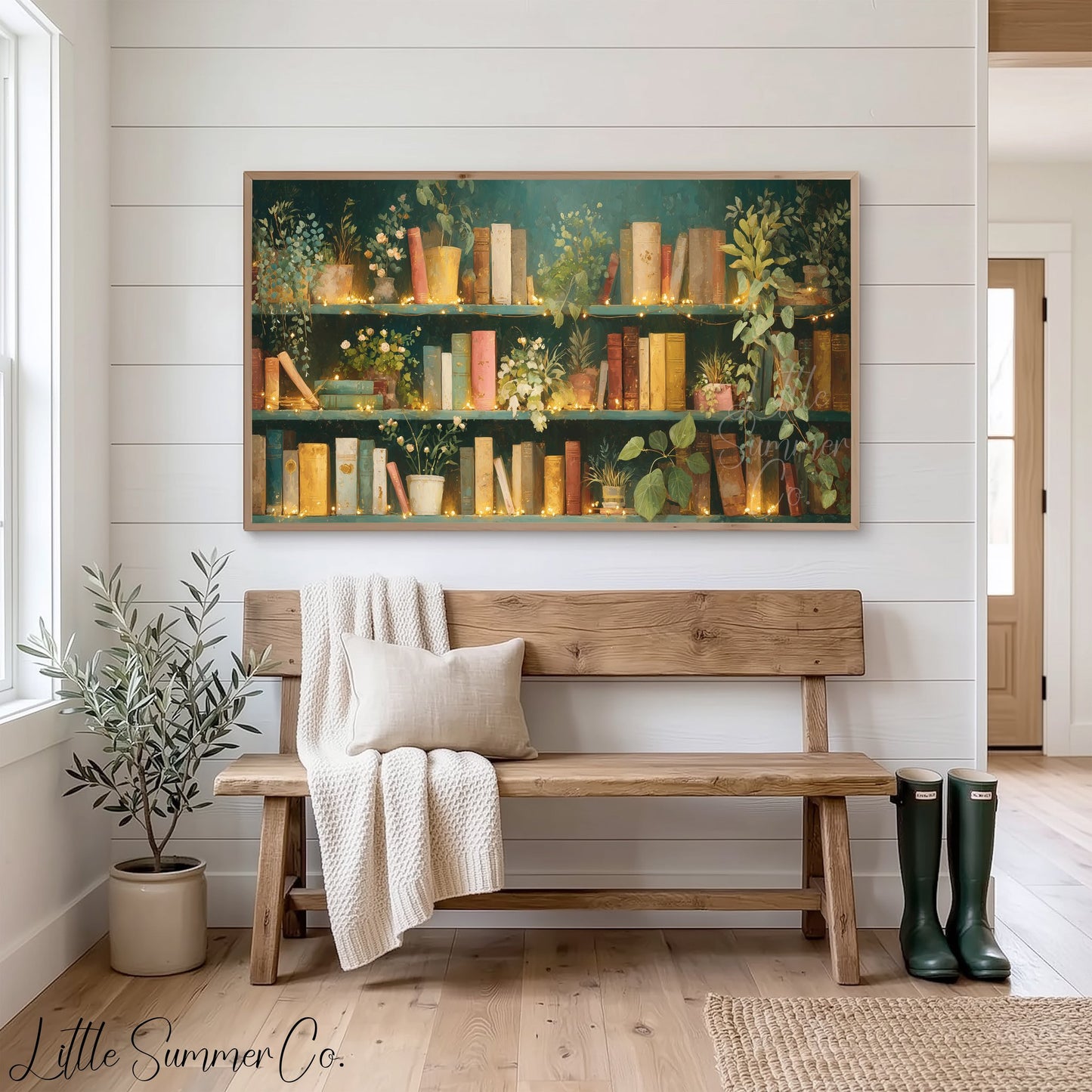 Books and Plants with Fairy Lights Frame TV Art displayed on a TV