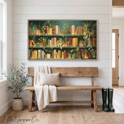 Books and Plants with Fairy Lights Frame TV Art displayed on a TV