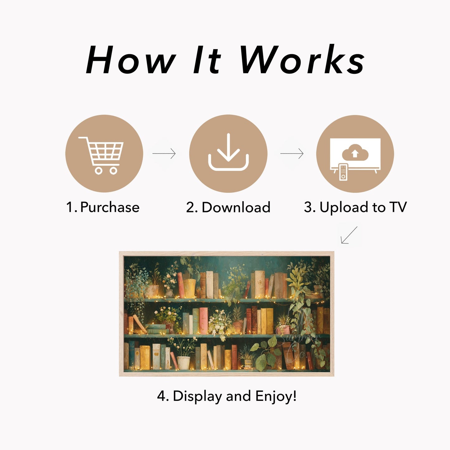 Books and Plants with Fairy Lights Frame TV Art displayed on a TV