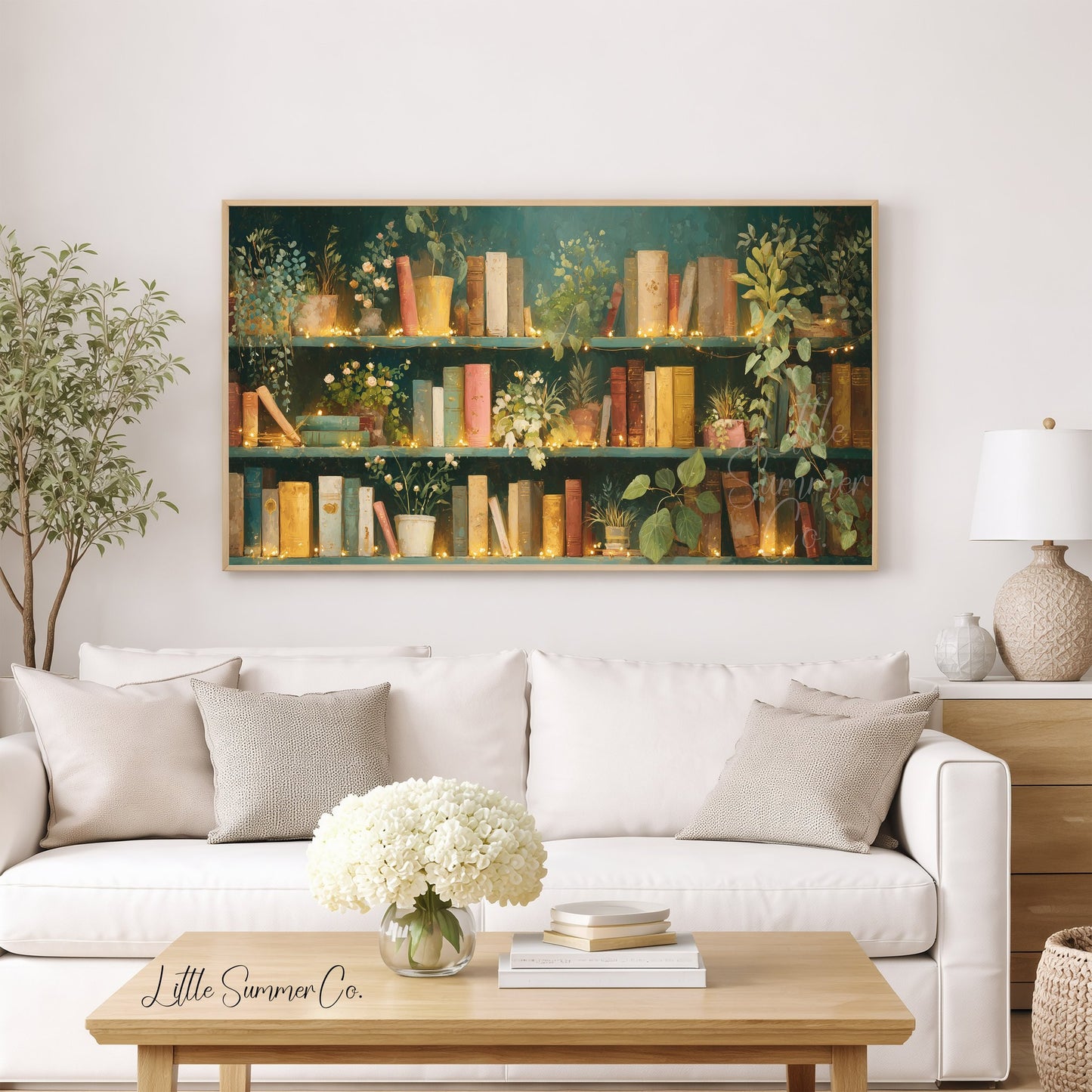 Books and Plants with Fairy Lights Frame TV Art displayed on a TV