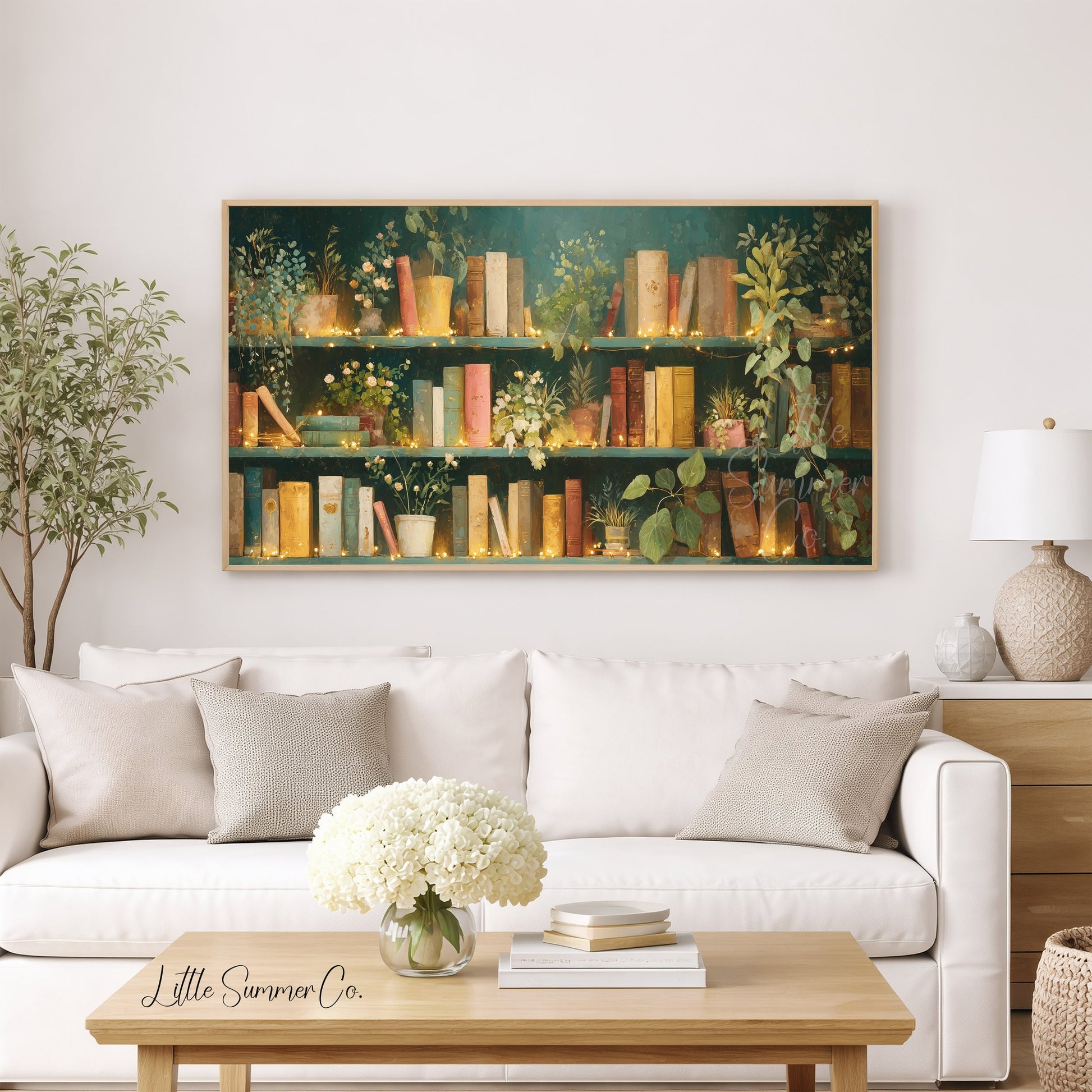 Books and Plants with Fairy Lights Frame TV Art displayed on a TV