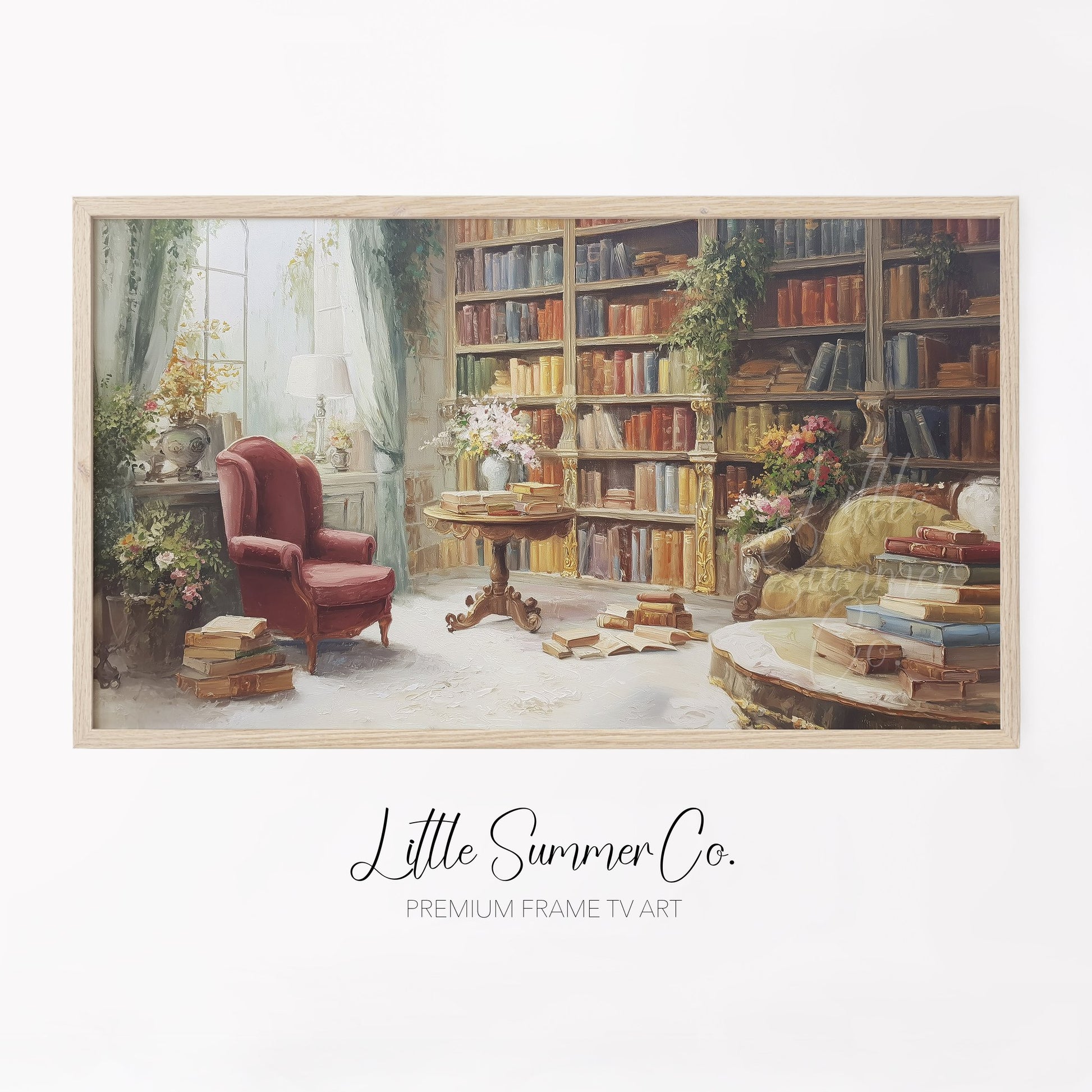 Cosy Library Books Frame TV Art displayed on a TV