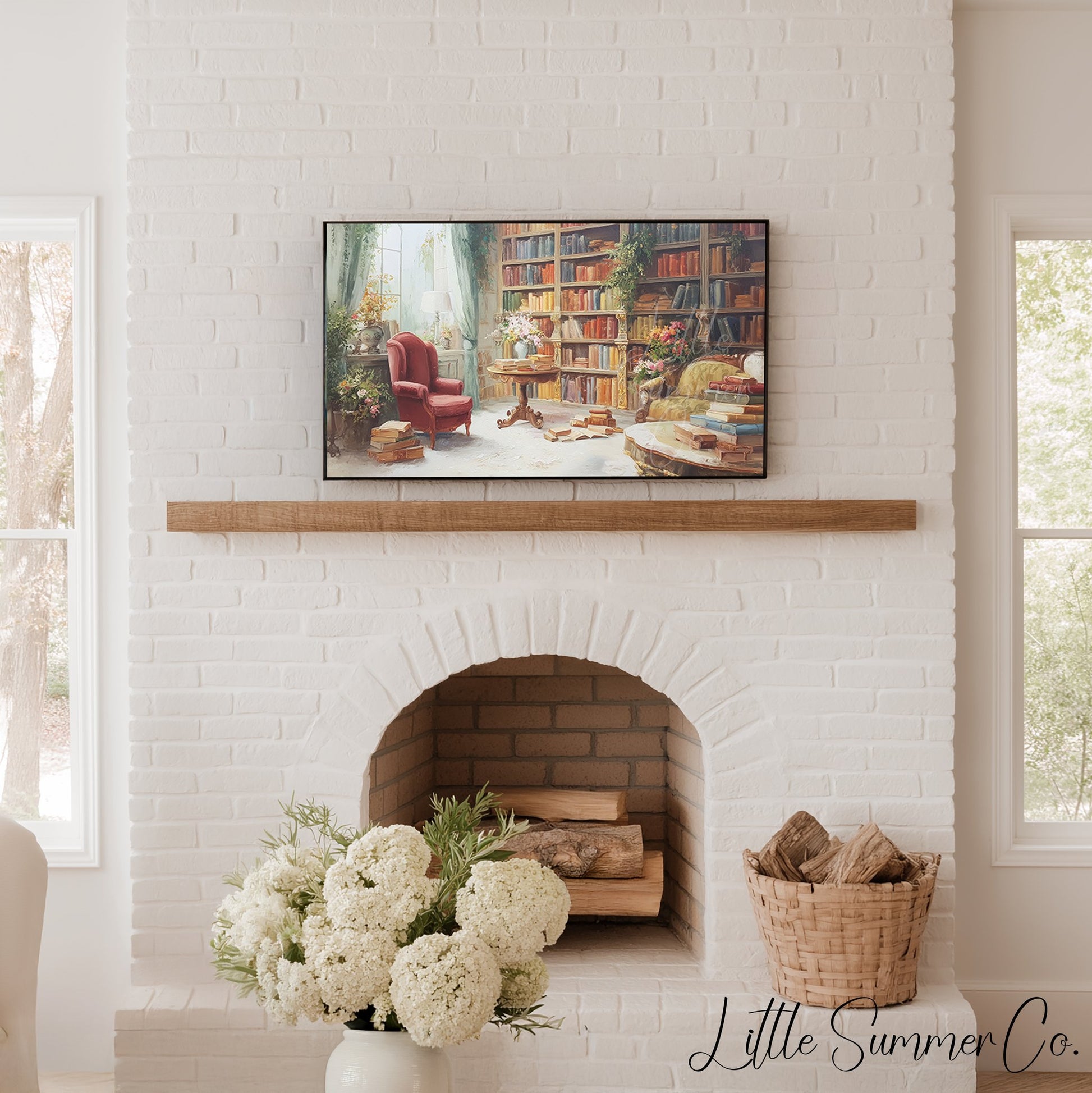 Cosy Library Books Frame TV Art displayed on a TV