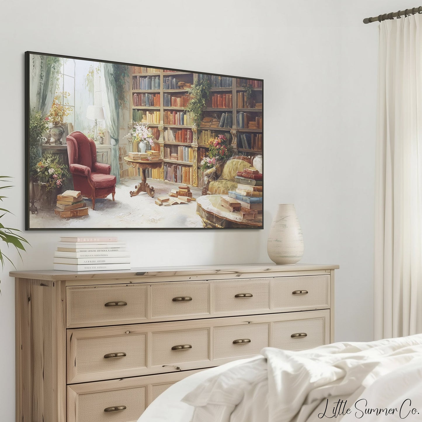 Cosy Library Books Frame TV Art displayed on a TV